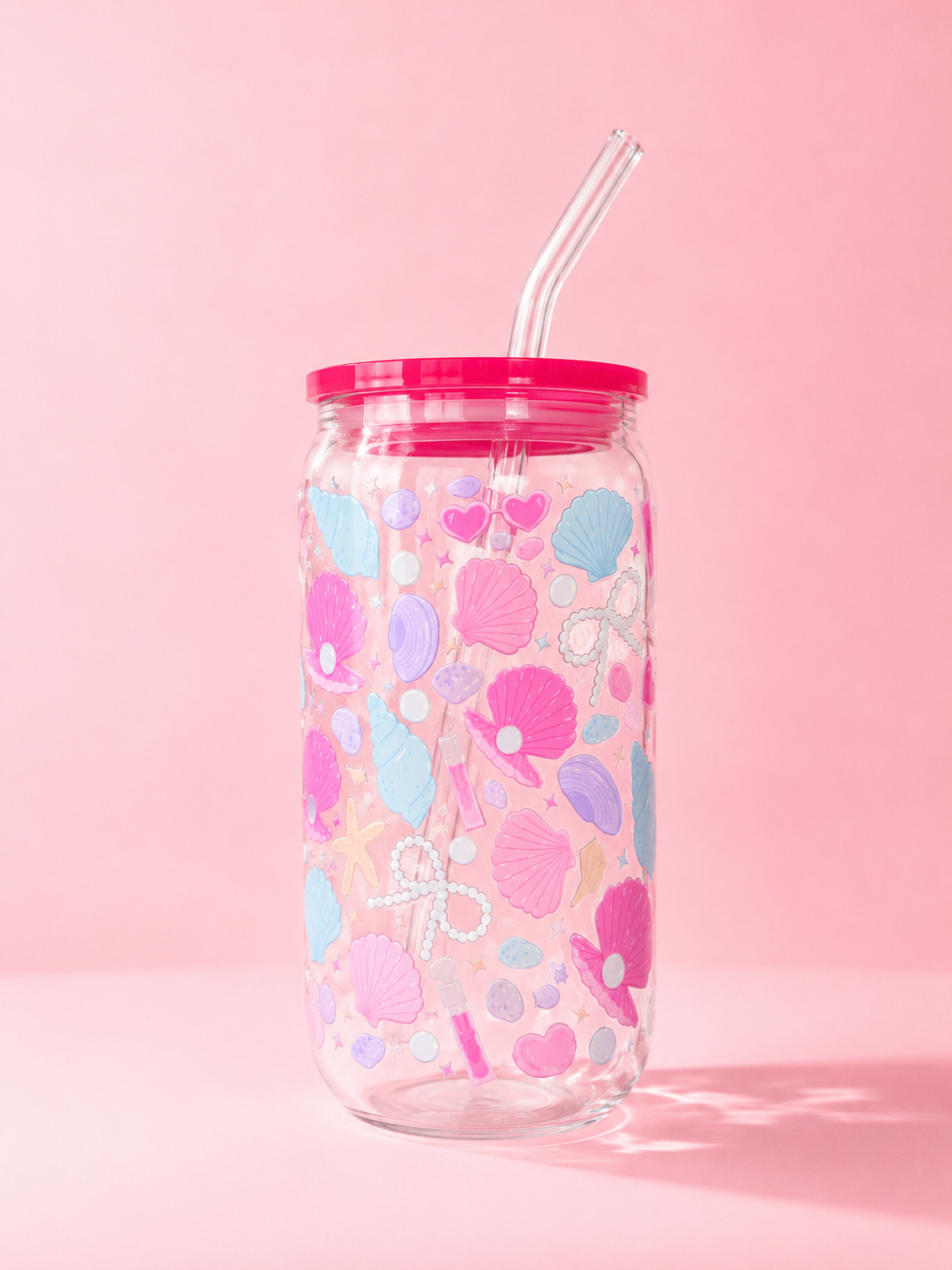 Summer & Seashells Glass Cup with Straw