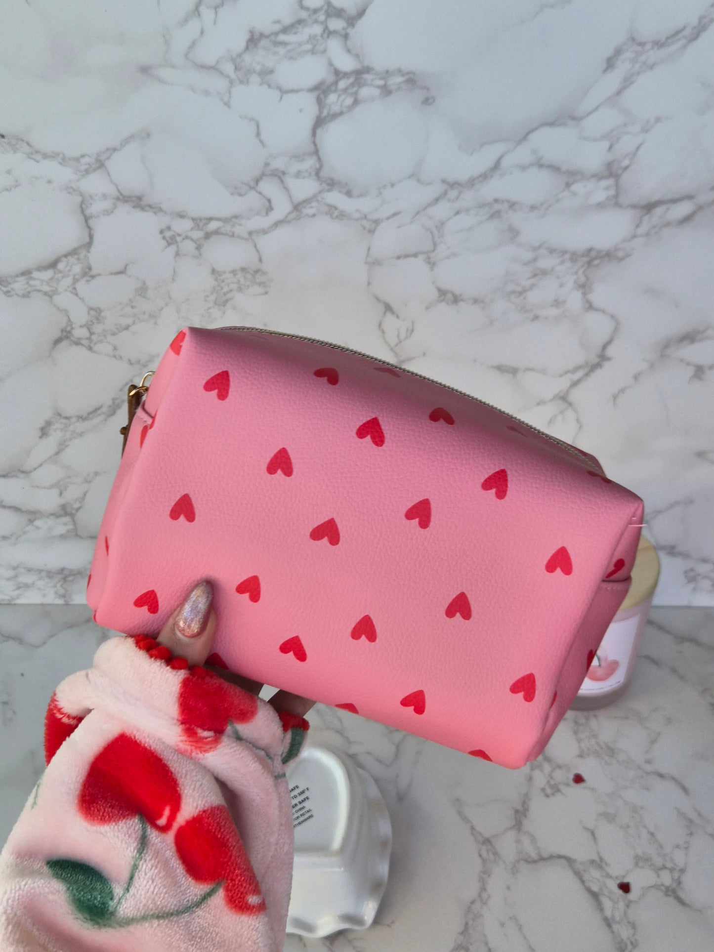 Makeup bag - pink with red hearts