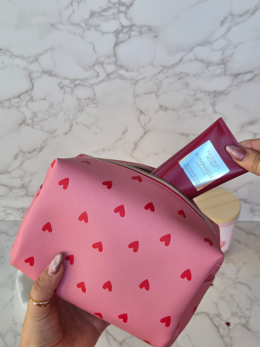 Makeup bag - pink with red hearts