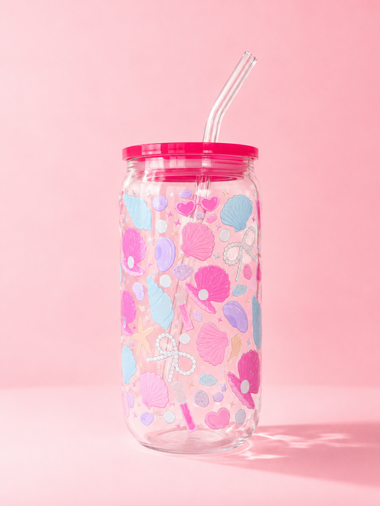 Summer & Seashells Glass Cup with Straw