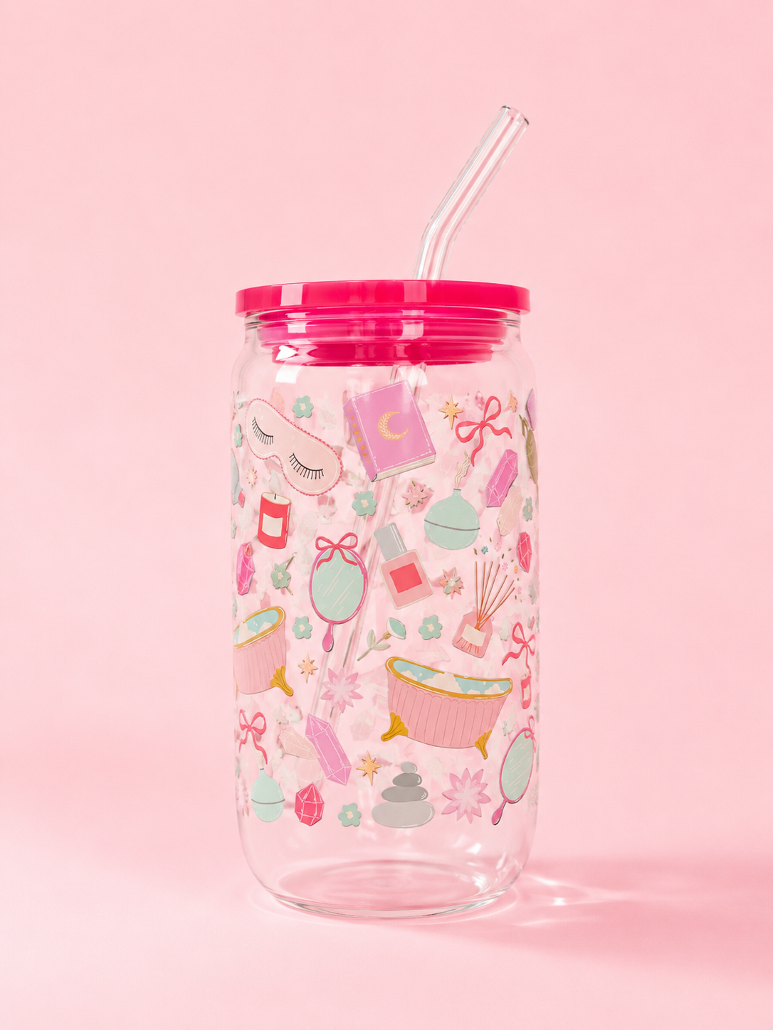 Pink Retreat Glass Cup with Straw