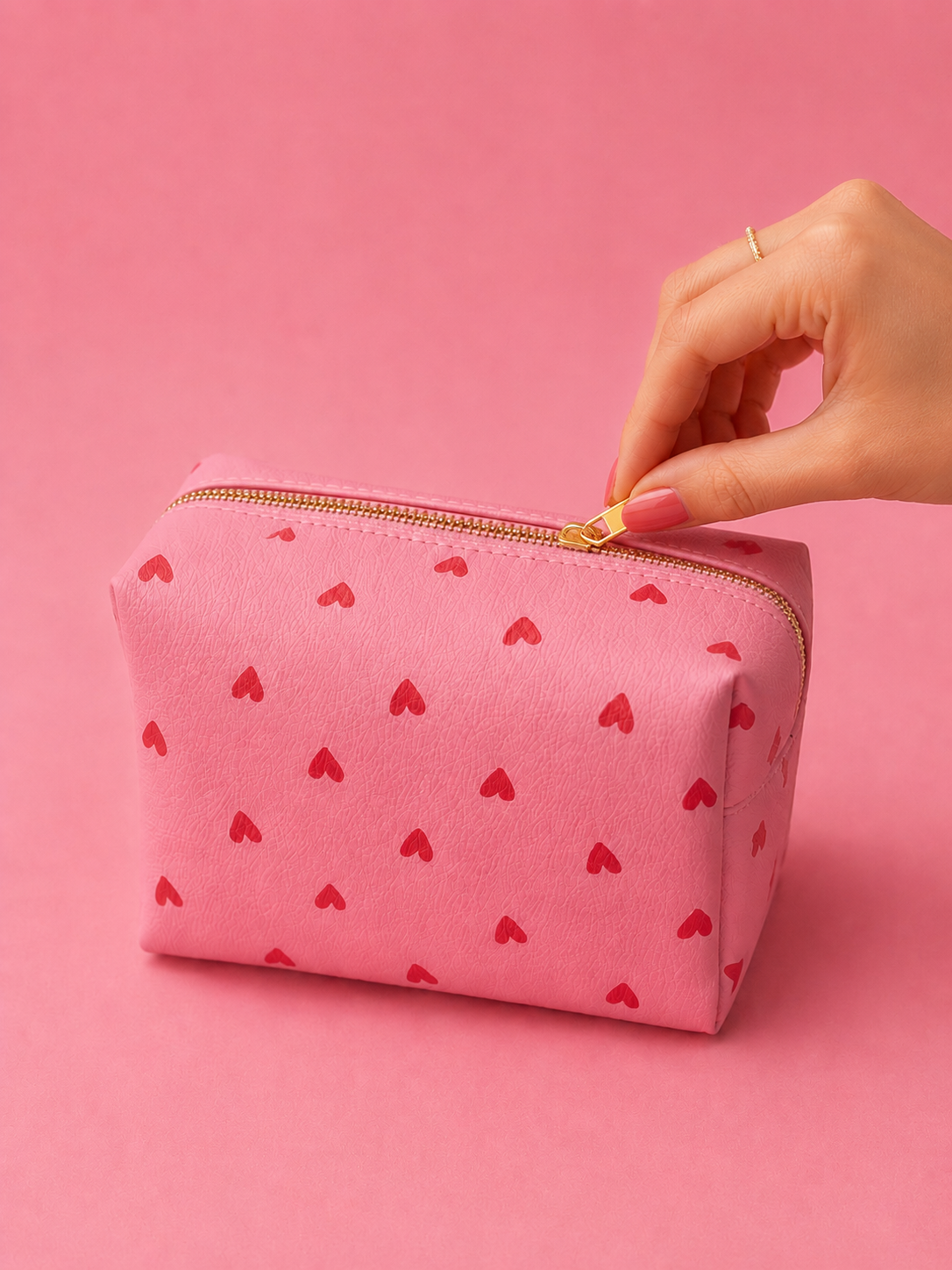 Makeup bag - pink with red hearts