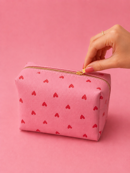 Makeup bag - pink with red hearts